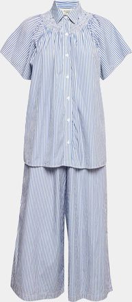 Max Mara Blue Stripe Cotton Capri Pants And Blouse Set