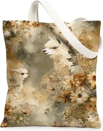 Generic Floral Llama Canvas Tote Bags, Stylish Vintage Animal Pattern Reusable Grocery Bags, Lightweight Washable Shoulder Strap Ca, Beige, 13x15 Inch