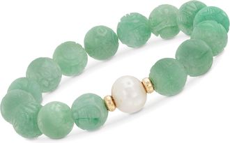Ross-Simons 11-12mm Cultured Pearl and Carved Green Jade Chinese Dragon Bead Stretch Bracelet With 14kt Gold