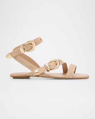 Stuart Weitzman Maven Suede Buckle Flat Sandals
