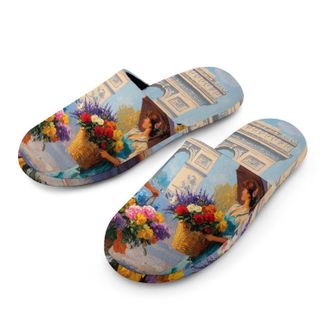 Generic Flower Seller Painting Paris Mens Slippers Flannel Warm House Shoes with Rubber Anti-Slip Sole Slip On for Home Outdoor