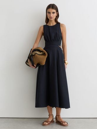 Reiss Navy Linen-cotton Cut-out Midi Dress, 10