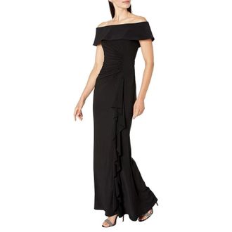 Xscape Long Ity Dress Black Stretch Ruched Off-the-Shoulder FROG150