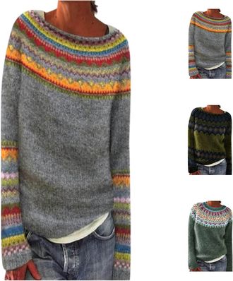 Generic Jumpers for Women UK Autumn Winter Fairisle Jumper Women Long Sleeves Icelandic Sweaters Soft Comfortable Jumpers Cosy Warm Crew Neck Sweaters Casual 