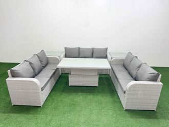 Fimous PE Rattan Lounge Sofa Set 9 Seater Outdoor Garden Furniture Set w/ Adjustable Lifting Dining or Coffee Table 3 Seater Sofa 2 Side Table Light