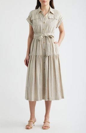 ZOE AND CLAIRE Stripe Belted Linen Midi Shirtdress in Light Taupe at Nordstrom, Size X-Small