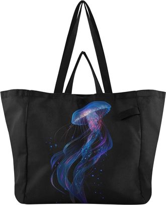 Generic Jellyfish Glowing Blue pattern Reusable Canvas Tote Bag, Heavy Duty Grocery Shopping Bag with Large Capacity Hard Bottom Double Handles Work Groceries