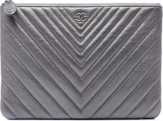 Chanel Pre-owned Chevron Clutch - Dames - Vintage Clutch - Grijs - ONE Size - Leer - Vintage