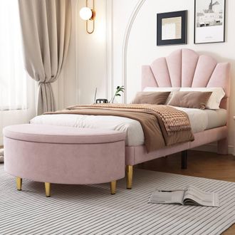 Merax 3ft Single Velvet Upholstered Bed with Shell Headboard & Storage Bench in Pink