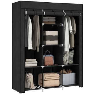 HOMCOM Fabric Portable Wardrobe with 8 Shelves 2 Hanging Rails - Black | TJ Hughes