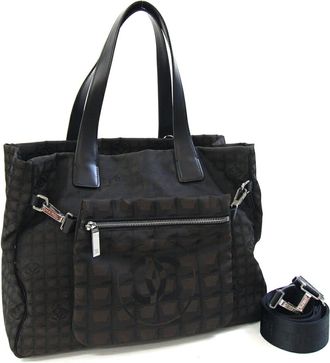 Chanel Brown Nylon Canvas Leather Shoulder Bag Tote Bag (Pre-Owned)