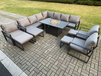Fimous Aluminium 14 Seater Lounge Corner Sofa Outdoor Garden Furniture Sets Gas Fire Pit Dining Table Set Dark with 3 Chairs 2 Big Footstools