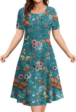 Generic Womens Short Dress 3D Flowers Printing Short Sleeve Tops Summer Loose A-Line Elegant Casual Bodycon (Color : 78, Size : XXXXX-Large)