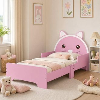 STILVORA Bed Frame 140 x 70cm with wooden structure cat design in Pink | Size: Junior