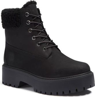 Timberland Stone Street Waterproof Faux Fur Lined Platform Boot in Black Nubuck at Nordstrom, Size 7
