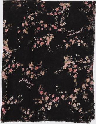 Twinset Floral Print Maxi Scarf with Fringed Edges