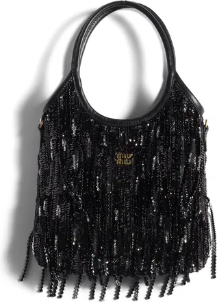 Miu Miu Ivy Satin Handbag With Crystal And Sequin Fringe, Woman, Black