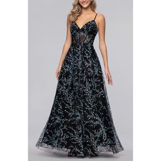 Blondie Nites Caviar Glitter Illusion Bodice Ballgown in Black/Aqua at Nordstrom, Size 11