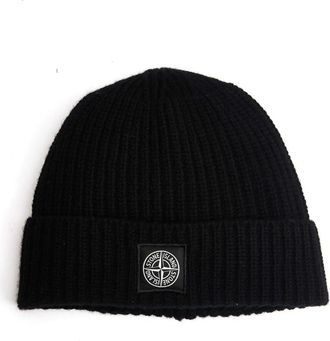 Stone Island Geribbelde Manchet Beanie Zwart - Heren - Hoeden - Zwart - ONE Size - Wol - Accessoires