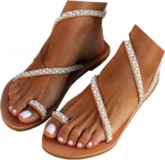 Generic Rhinestone Flat Sandals for Women, Boho 2026 Summer Dressy Flower Pearl Strappy Beaded Ankle Strap Toe Ring Trendy Sandals Casual Comfortable Slip On 