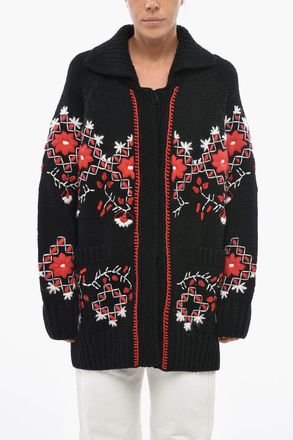 Moncler Maxi Cardigan in Lana Vergine Ricamato Moncler