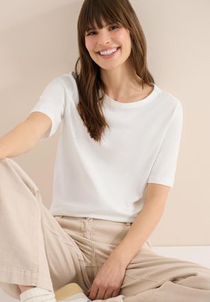 Cecil Kurzarmshirt CECIL, Damen, Gr. L (42), vanillewei&szlig;, Jersey, Obermaterial: 100% Baumwolle, unifarben, normal h&uuml;ftbedeckend, Rundhals, Shirts Kurzarmshi