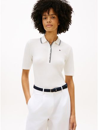 Tommy Hilfiger Womens Slim Fit Half-Sleeve Tipped Polo - White - XL
