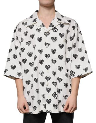 Dolce & Gabbana White Heart Print Short Sleeve Casual Mens Shirt