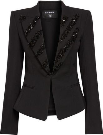 Balmain Crystal Zebra Stripe Wool Grain de Poudre Jacket in Black/Black at Nordstrom, Size 4 Us