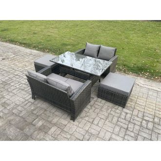 Fimous 6 Seater pe Wicker Rattan Garden Furniture Set Love Sofa Outdoor Rectangular Dining Table 2 Big Footstool Dark Grey Mixed - Fimous