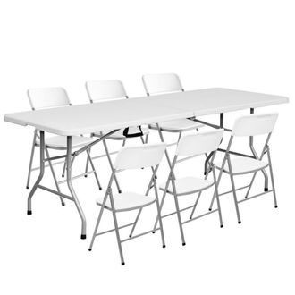 LOLAhome Conjunto de mesa rectangular doble y 6 sillas plegables de HDPE blanco