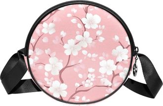 Generic Circle Crossbody Bag for Women, Pink Background Flowers Small Sling Bag Daypack with Zipper Adjustable Shoulder Straps Casual Ladies Girls Round Purse