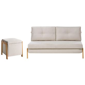 Beliani Conjunto De Sala De Estar Sof&aacute; Tapizado Con Funci&oacute;n De Cama Y Puf Con Almacenaje Hierro Tela Beige Edland