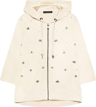 Elena Miro Handgeborduurde Hoodie met rits - Dames - Vesten met rits - Beige - XS - Katoen - Hoodies & sweatvesten