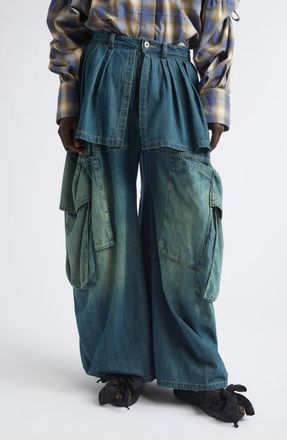 Collina Strada Hazel Skirt Panel Oversize Denim Cargo Pants in Greenwash at Nordstrom, Size Medium