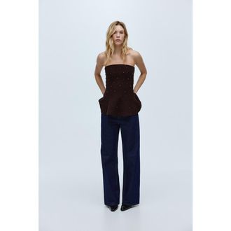H&M Bead-embellished Bandeau Top in Dark Plum Purple at Nordstrom, Size Xx-Large