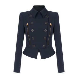 Elisabetta Franchi Colbert van dubbellaagse stretch-cr&ecirc;pestof - Dames - Jassen - Zwart - Maat: L Leer