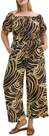City Chic Erica Swirl Off the Shoulder Jumpsuit in Sea Swirl at Nordstrom Rack, Size M/18W