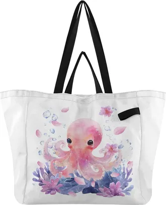 Generic Sea Animal Flowers Pink pattern Reusable Canvas Tote Bag, Heavy Duty Grocery Shopping Bag with Hard Bottom Large Capacity Double Handles Work Grocerie