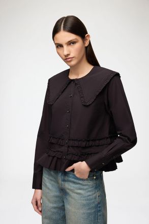 Ganni Black Stretch Cotton Ruffle Shirt - Size 34 Organic