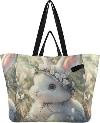 Generic Floral Bunny White print Reusable Canvas Tote Bag, Heavy Duty Grocery Shopping Bag with Double Handles Hard Bottom Large Capacity Work Groceries Trave