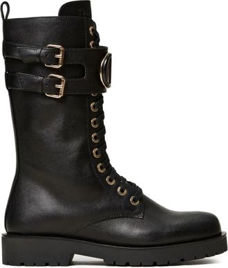 Twinset Zwarte Amfibie Leren Enkellaarzen - Dames - Veterlaarzen - Zwart - 39 EU - Leer - Schoenen