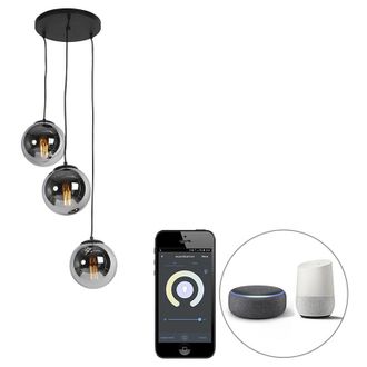 QAZQA Qazqa - Smart Pendant Light Black with Smoke Glass 3-Light Incl. Wifi ST64 - Pallon