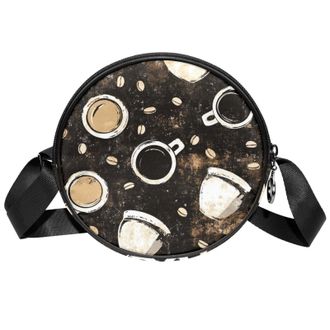 Generic Circle Crossbody Bag for Women, Coffee Cups Vintage Black Pattern Small Sling Bag Daypack with Zipper Adjustable Shoulder Straps Casual Ladies Girls R