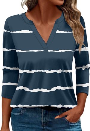 Generic 3/4 Length Sleeve Womens Tops 2024 Trendy Striped Tshirts Blouses for Women Dressy Casual Summer V-Neck Tunic Shirts(C Blue,3X-Large)