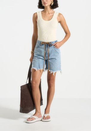 Mani&egrave;re De Voir Beau Distressed Denim Short in Mid Blue at Nordstrom, Size 12