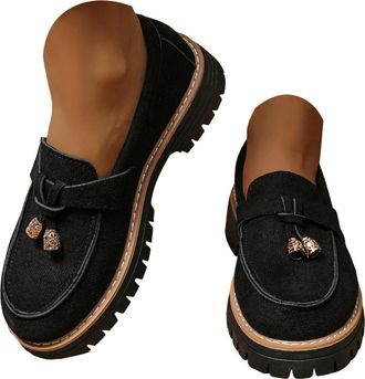 Generic Womens Platform Chunky Loafer Lug Sole Comfortable Slip On Work Business Casual Dress Shoes for Women Low Heels Walking Loafers Fashion Round Toe Non-