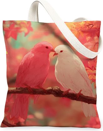 Generic Romantic Birds Canvas Tote Bags, Cute Love Bird Pattern Reusable Grocery Bags, Fall Floral Lightweight Washable Shoulder St, Peach, 13x15 Inch