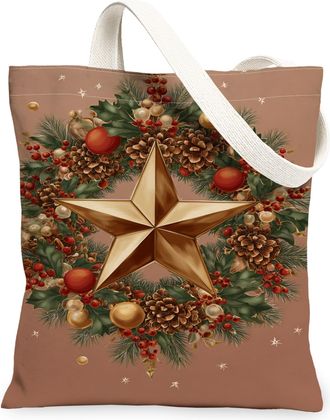 Generic Holiday Canvas Tote Bags, Elegant Star and Pinecones Pattern Reusable Shopping Bags, Rustic Festive Lightweight Washable Sh, Brown, 13x15 Inch