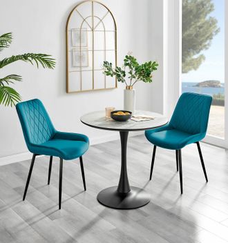 Furniturebox Elina White Marble Effect Scratch Resistant Dining Table & 2 Pesaro Black Leg Velvet Chairs in Blue